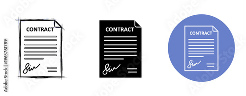 Variety of contract icon designs featuring signature and document styles