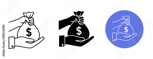Icon set of hands holding money bags with dollar signs