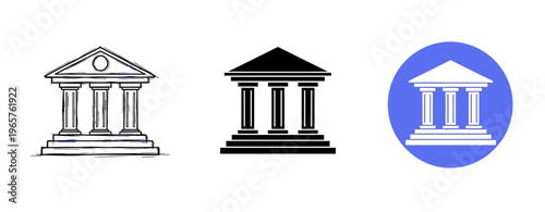 Sketch, silhouette, and icon of classical greek style temple facades