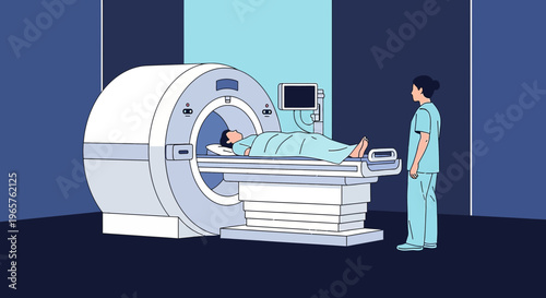 Patient undergoing MRI scan with medical professional monitoring