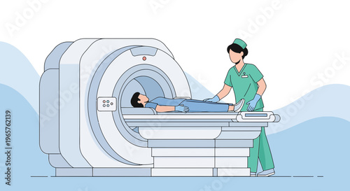 Patient undergoing MRI scan with medical professional overseeing procedure