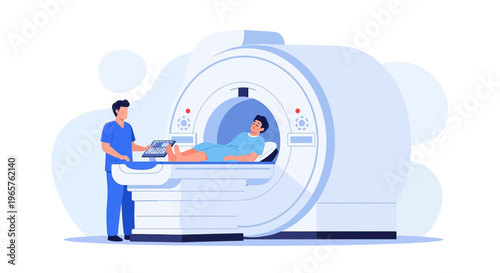 Patient undergoing MRI scan with medical professional operating equipment