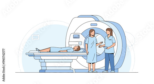 Patient undergoing MRI scan with medical professionals in a modern clinic
