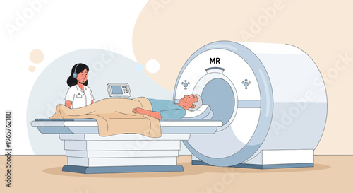Patient undergoing MRI scan with nurse monitoring, medical technology, healthcare concept