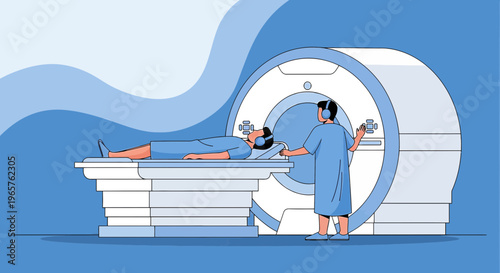 Patient undergoing MRI scan with technician in modern medical imaging center