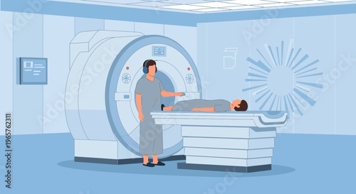 Patient undergoing MRI scan with technician monitoring in a modern medical imaging room.