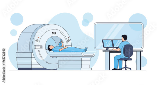 Patient undergoing MRI scan with technician monitoring on computer, medical technology concept
