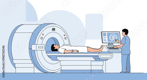 Patient undergoing MRI scan with technician monitoring on computer