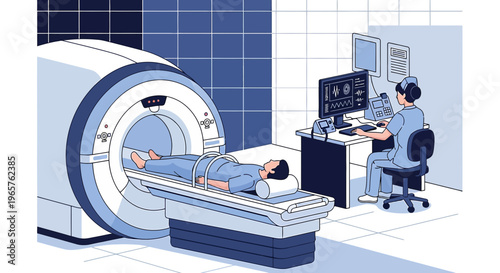 Patient undergoing MRI scan with technician monitoring on computer in modern medical clinic