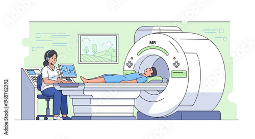 Patient undergoing MRI scan with technician monitoring procedure