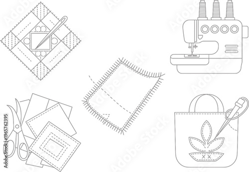 Handmade Sewing and Embroidery Craft Icons Set with Stitching Tools and Textile Patterns Illust