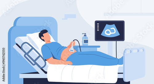 Patient undergoing ultrasound examination in a hospital bed, medical technology screen