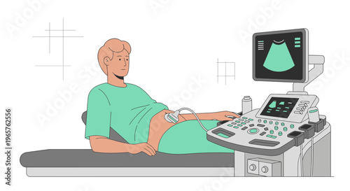 Patient undergoing ultrasound examination in a medical clinic, doctor operating the machine
