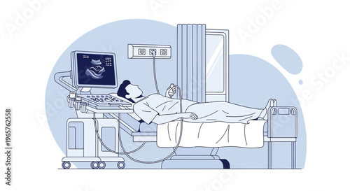 Patient undergoing ultrasound examination in a modern hospital room with medical equipment