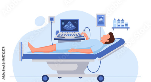 Patient undergoing ultrasound examination in a modern medical clinic with advanced technology