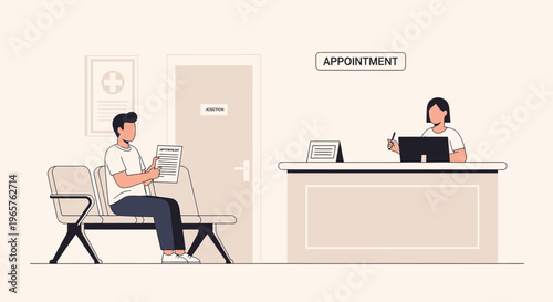 Patient waiting for appointment at clinic reception desk with medical chart