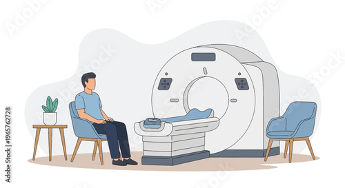 Patient Waiting for CT Scan in Modern Medical Room with Scanner and Chairs