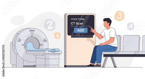Patient Waiting for CT Scan in Hospital Waiting Room with Digital Display