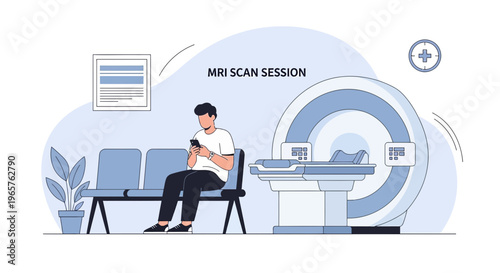 Patient Waiting for MRI Scan in Modern Clinic, Using Smartphone