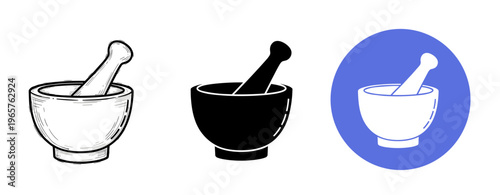 Variety of mortar and pestle icon designs in black and white
