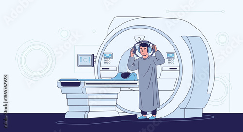 Patient with headphones in MRI scanner room, medical imaging technology