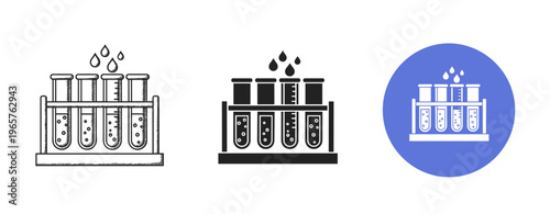 Set of laboratory test tube icons with liquid droplets