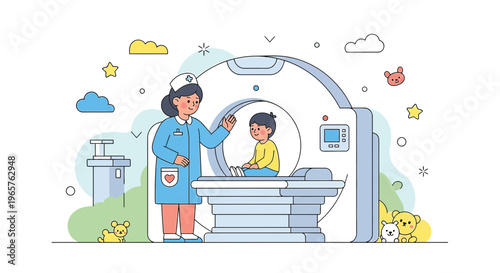 Pediatric CT Scan: Nurse Assists Child in Medical Imaging Machine, Cartoon Style