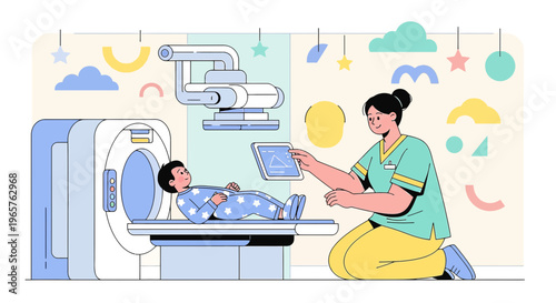 Pediatric CT Scan: Child Patient Undergoing Medical Imaging with Nurse in Playful Room