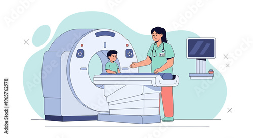 Pediatric CT Scan: Nurse Assists Child in Medical Imaging Room with Modern Equipment
