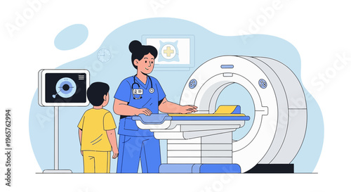 Pediatric CT Scan: Nurse Assists Child in Medical Imaging Room with MRI Machine