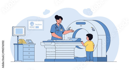 Pediatric CT Scan: Nurse Explains Procedure to Young Patient in Medical Imaging Room