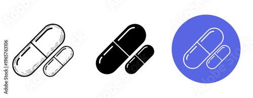 Three capsule icons: sketch, solid black, blue circle variations on white background
