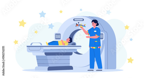 Pediatric CT Scan: Nurse Reassures Child Patient with Toy Plane During Medical Imaging
