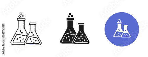 Set of laboratory flask icons: black, white, and blue variations