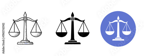 Set of scales of justice icons in hand-drawn, black, and blue circle styles