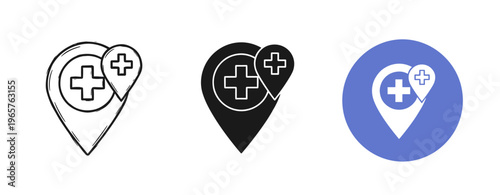 Medical location icons: outline, solid, and colored variants with cross symbols