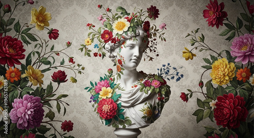 Bust Statue with Colorful Flowers.