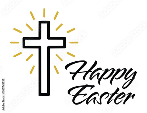 Happy Easter Script with Minimal Cross and Gold Sunburst Rays Vector