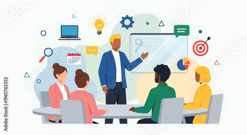 A modern business team meeting with diverse people discussing ideas in a conference room with a presentation on a large screen display