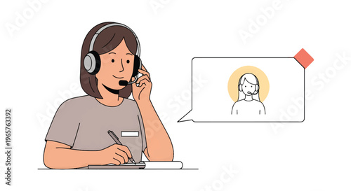 A woman wearing a headset sits at a desk, talking on the phone while a speech bubble shows an illustrated person with a glowing aura, representing a customer service interaction.