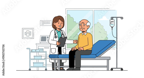 Doctor Consulting Elderly Patient in Sunny Clinic