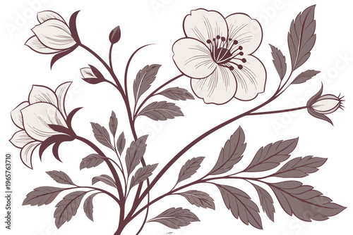 Elegant hand-drawn floral vector illustration featuring blossoming flowers, delicate buds, and intricate leaves for beautiful decorative design projects.