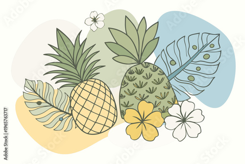 Charming vector illustration with two pastel pineapples, lush tropical leaves, and beautiful hibiscus flowers arranged on soft abstract shapes.