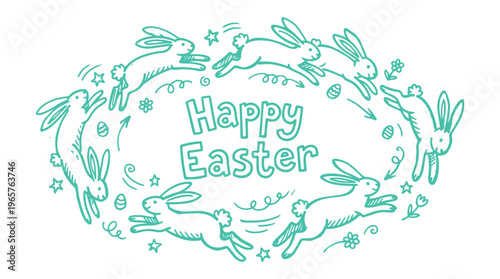 Happy Easter greeting card with cute hand drawn leaping bunnies in oval frame
