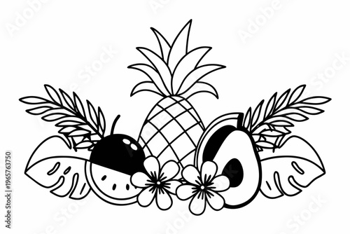 A vibrant collection of tropical fruits and exotic leaves, beautifully arranged in a clean, hand-drawn vector illustration graphic design