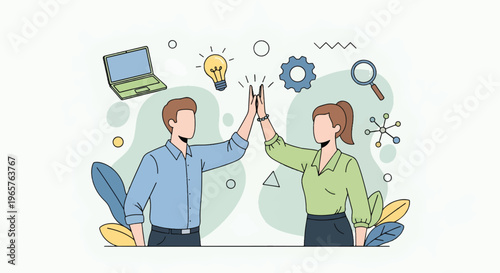 A modern flat vector illustration shows two businesspeople high-fiving with a laptop and various symbols around them in a professional setting.