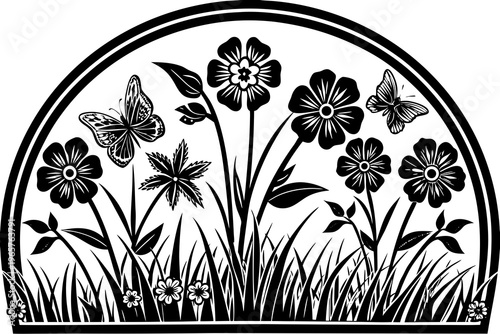 Decorative black and white vector illustration of a vibrant spring garden with beautiful flowers, fluttering butterflies, and lush grass in an elegant arched frame design.