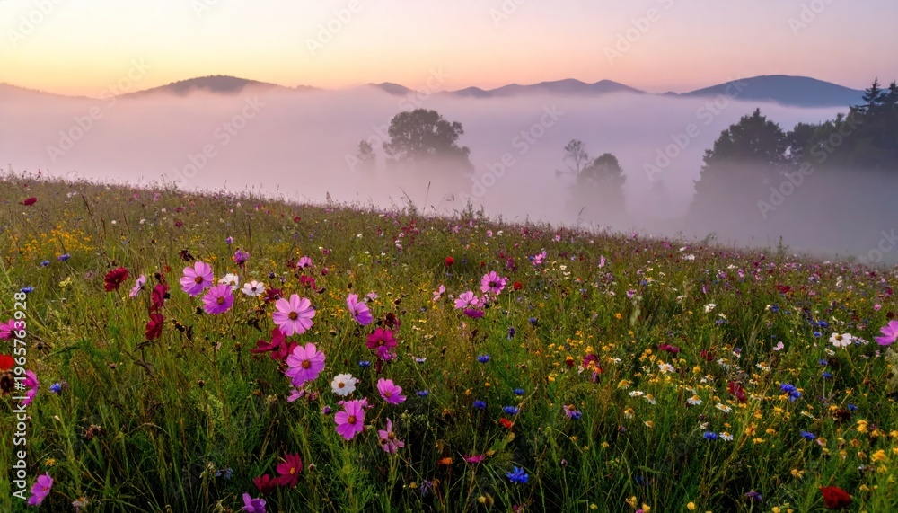 Obraz premium Beautiful Misty Meadow at Sunrise with Colorful Wildflowers.