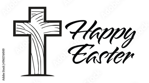 Happy Easter Script with Wood Grain Cross Christian Design Vector