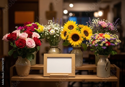 Elegant floral arrangement on a rustic wooden table with framed centerpiece